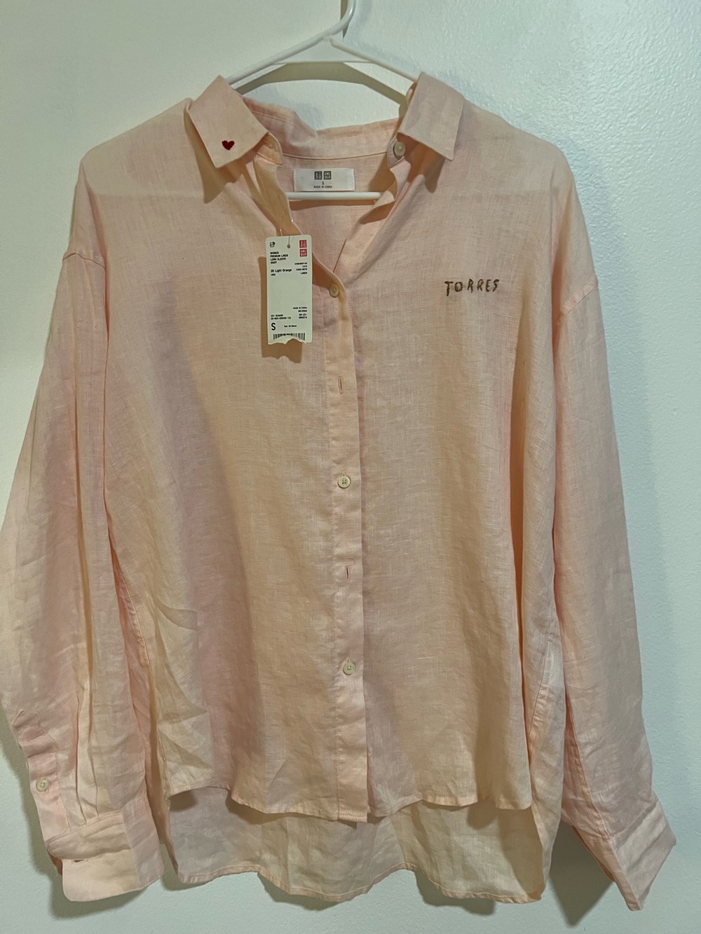 UNIQLO Women’s Light Peach/pink Linen Button-Up Shirt, long sleeves, size S